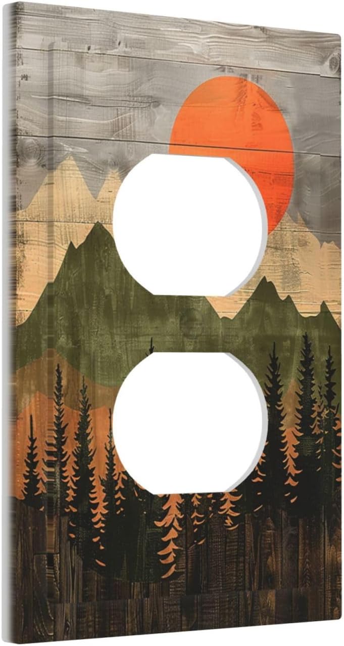 Outlet Covers Vintage Wood Grain Sun Forest Mountains 1 Gang Duplex Wall Plate Decorative Switch Plates Electrical Receptacle Faceplate Light Switch Cover for Farmhouse Cabin Decor