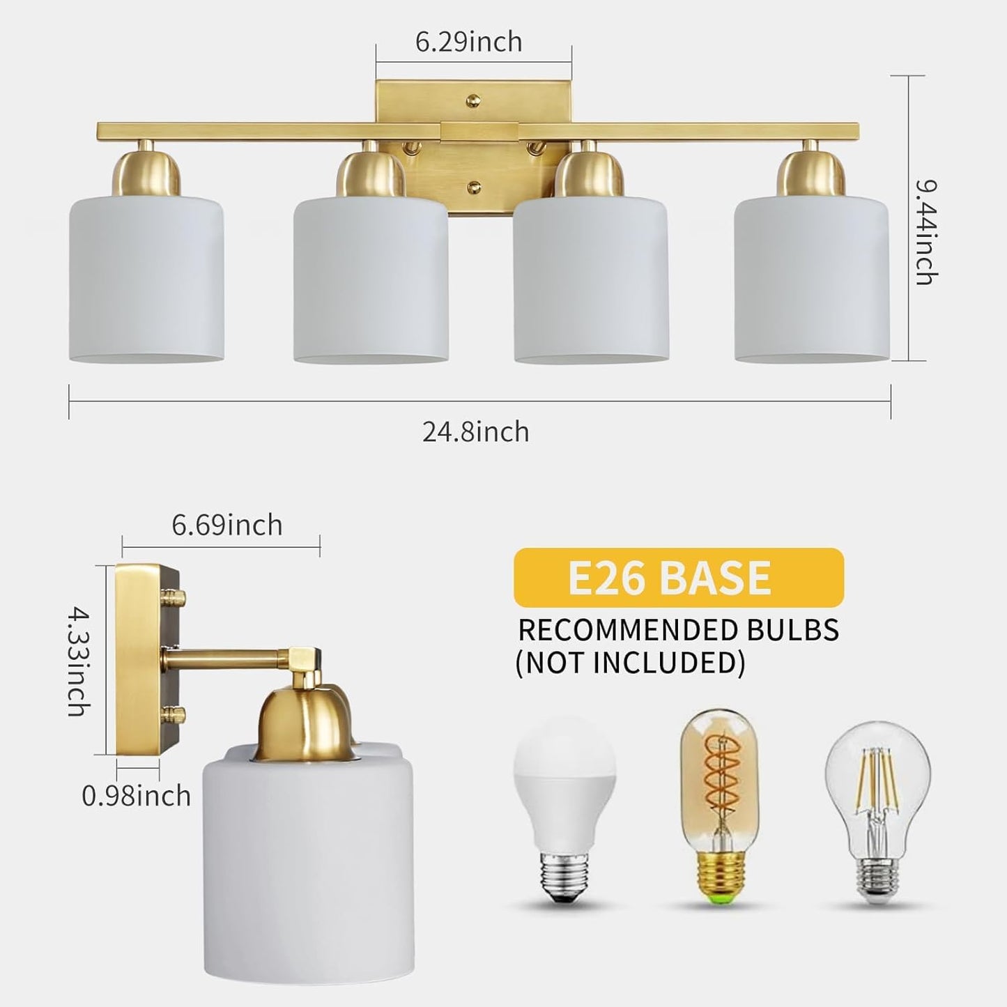 4 Light Gold Light Fixture Bathroom, Brushed Gold Vanity Light with Milky White Frosted Glass Shades, Lights for Bathroom Mirror for Living Room Bedroom Hallway E26 Base