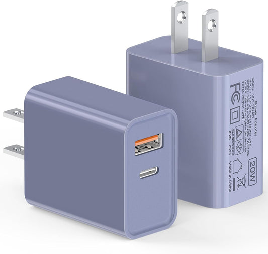 [2 Pack] USB-C Wall Charger, 20W Dual Port QC+PD3.0 Power Adapter, Double Fast Plug Charging Block for Samsung Galaxy S24 S23/S23+/S23Ultra/S22/S22+/S22 FE/Note 20Ultra, iPhone 16/17 Brick Box, Purple