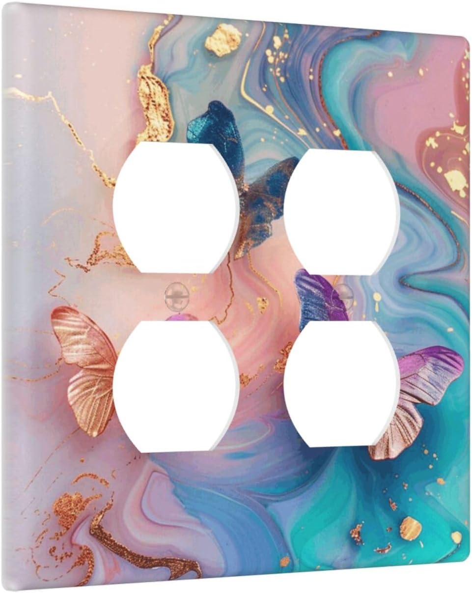 Colorful Marble Butterfly Gold Glitter Abstract Print Outlet Covers 2 Gang Double Duplex Decorative Light Switch Covers Electrical Wallplates Socket Faceplate for Bed Room Living Room Decor