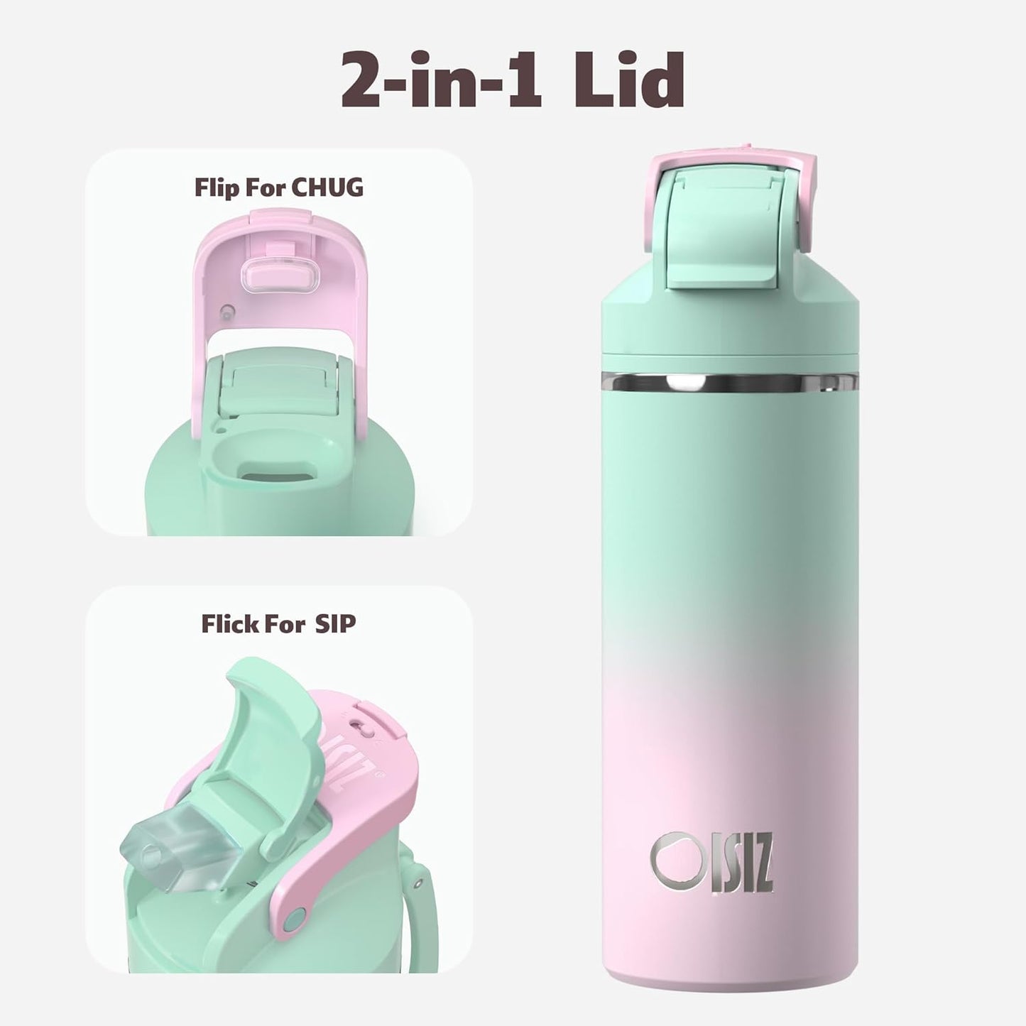 OISIZ Insulated Water Bottle 20 oz with 2 in 1 Spout and Straw Lid,One Click Safety Lock,100% Leakproof,Keep Cold 24H,Vacuum Stainless Steel Water Bottle for School,Travel and Sports,Dishwasher Safe