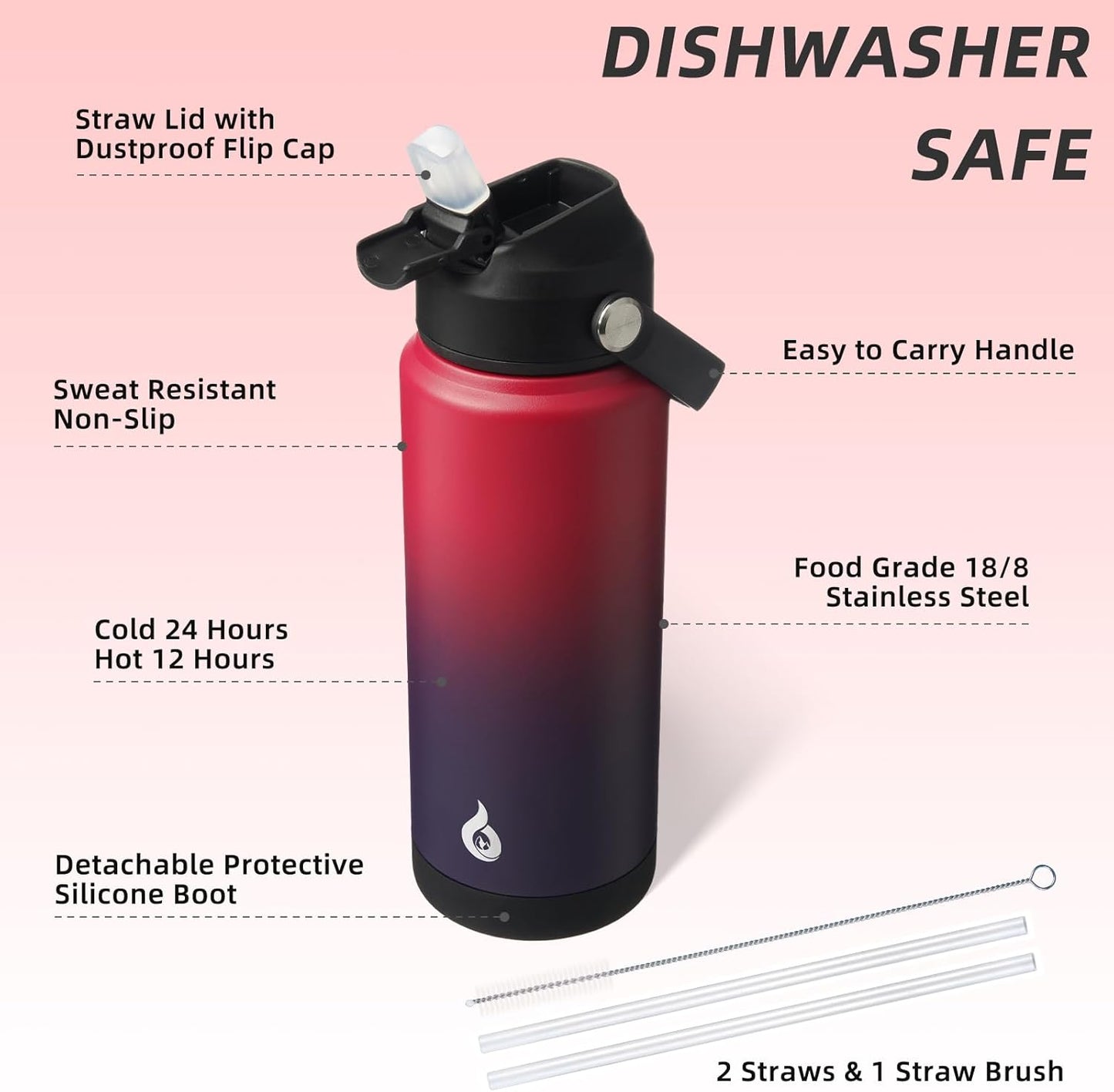 BJPKPK Water Bottle with Straw Lid, 24oz Vacuum Insulated Water Bottles, Metal Stainless Steel Thermo for Sports, Travel, BPA Free Leak Proof Thermo, Cups, Flasks, Tumblers,Charming Red