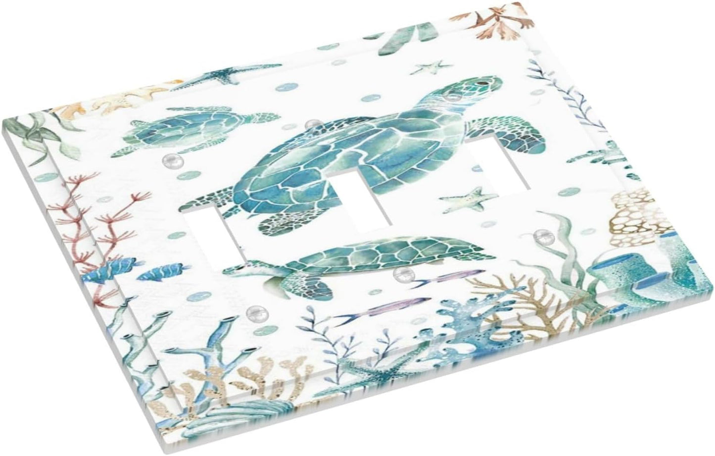 Sea Turtle Ocean Starfish Fish Coral Pearl Decorative Switch Plates 3 Gang Wall Plate Triple Toggle Light Switch Cover Faceplate Electrical Wall Panels for Bathroom Kids Room Decor