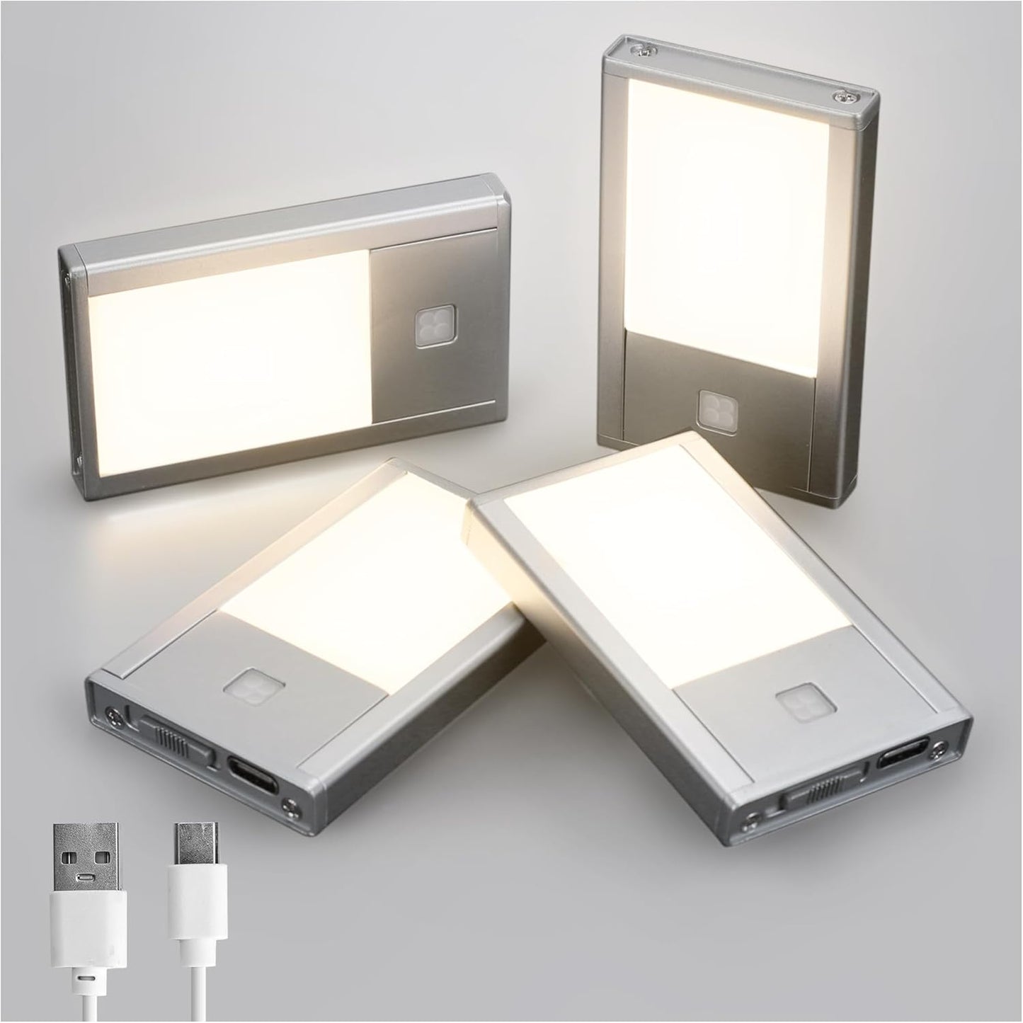 Rechargeable Motion Sensor Night Lights, 4-Pack - Painted Grey Aluminum Alloy, Ultra-Compact Magnetic Mount, 3000K Warm White Glow, Ideal for Hallways, Bedrooms, Stairs & Nightly Use