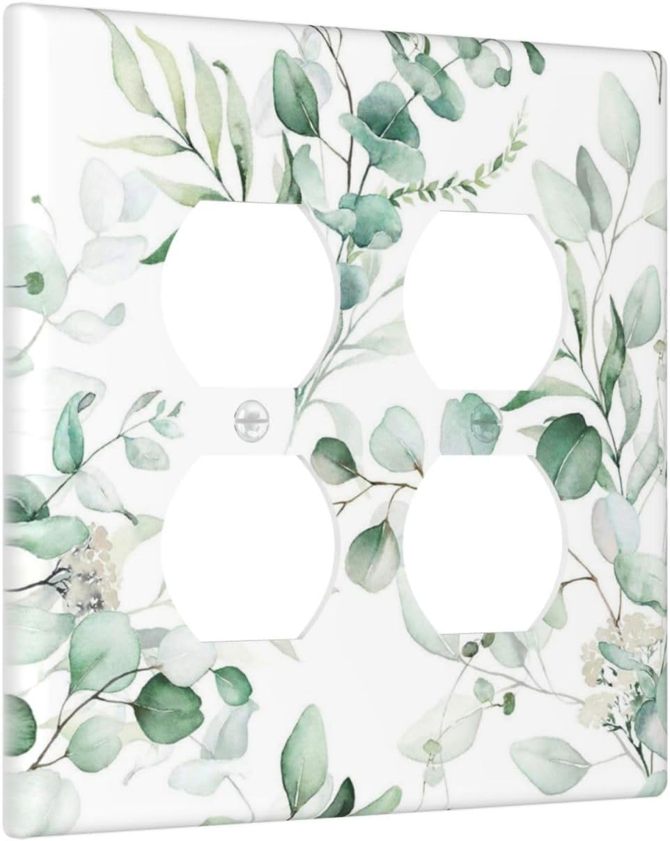 Boho Green Eucalyptus Leaf Floral Plants Flowers Outlet Covers 2 Gang Double Duplex Decorative Light Switch Covers Electrical Wallplates Socket Faceplate for Bed Room Living Room Decor