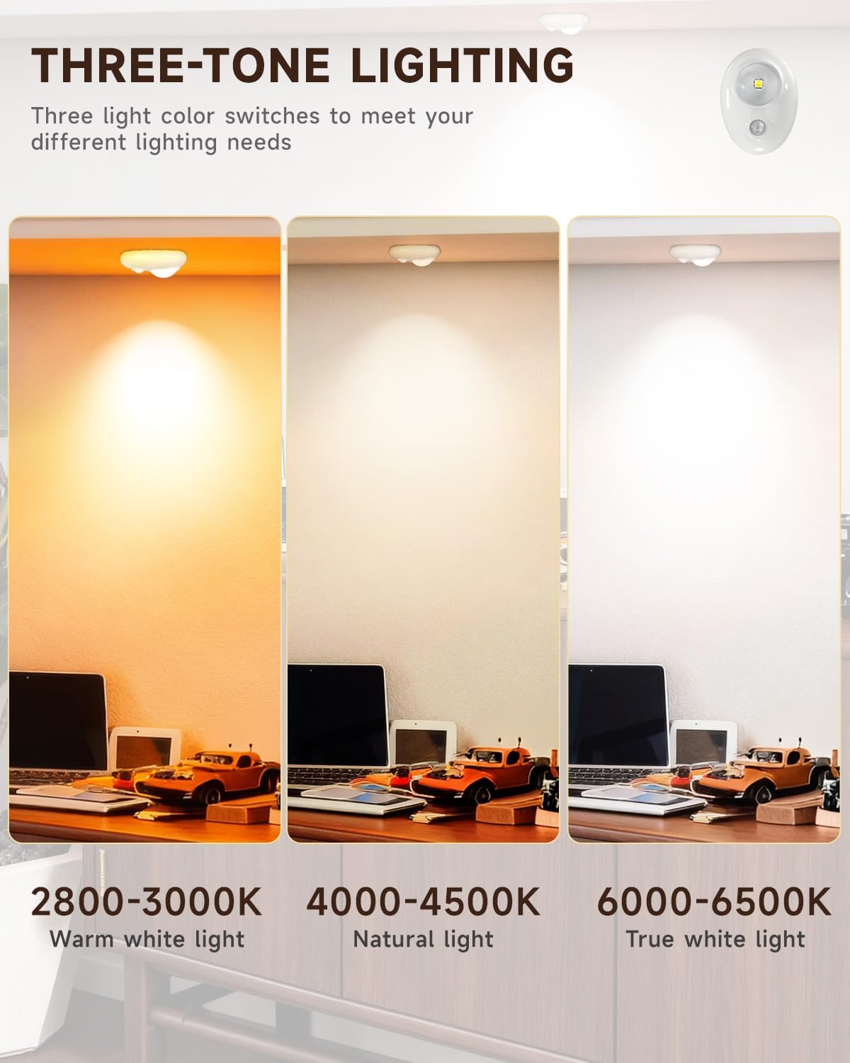 LEPOTEC LED Puck Lights, Rechargeable Battery Light,3 Color Temps Tap Lights,Wireless Closet Light,Under Cabinet Lighting,Magnetic Sitck On Lights for Kitchen,Closet,Pantry,Shelves(3 Pack)