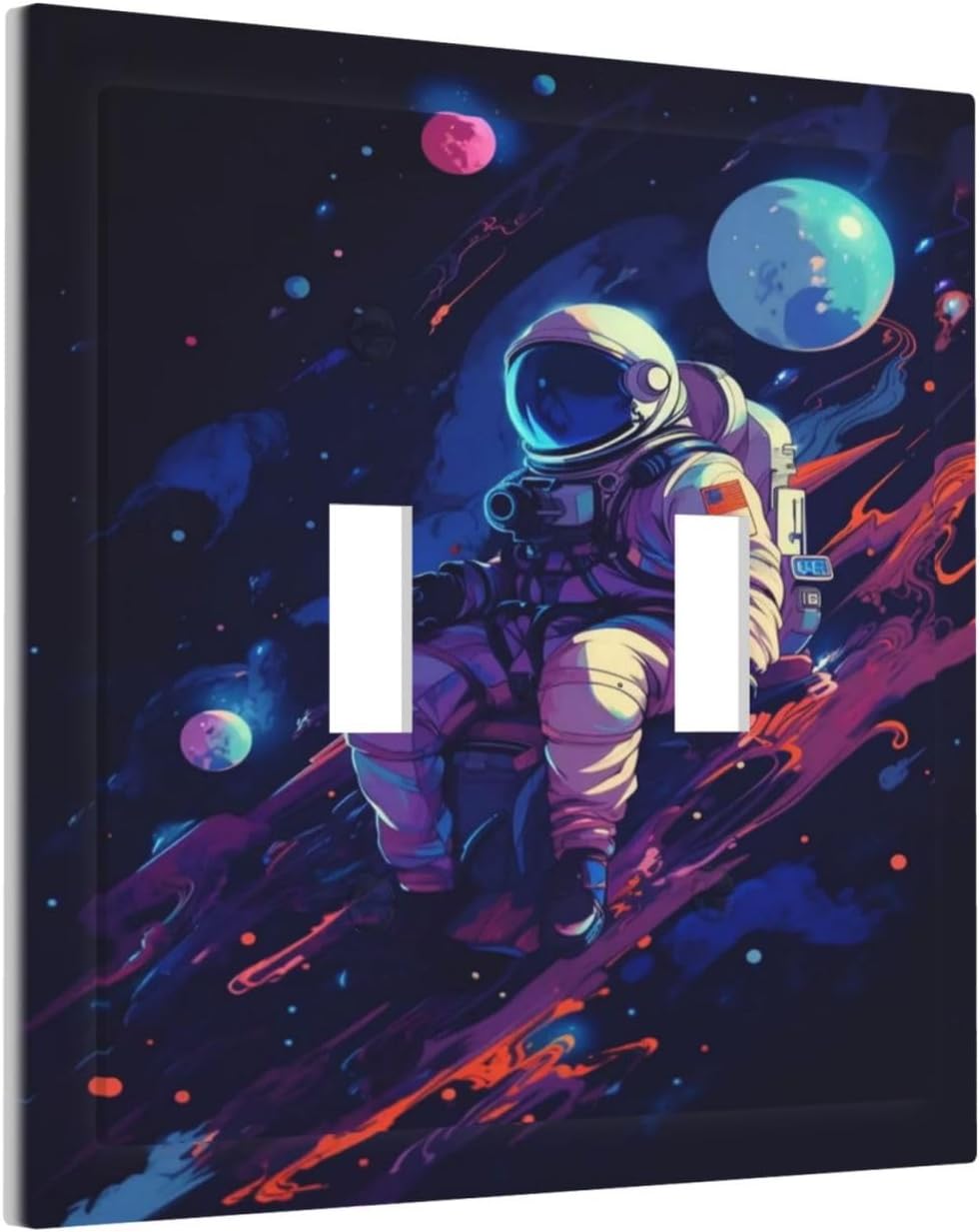 Decorative Light Switch Cover Purple Space Astronaut Planet 2 Gang Wall Plate Oversized Double Toggle Two Switch Wall Cover Dual Device Electrical Face Plate for Bedroom Home Decor