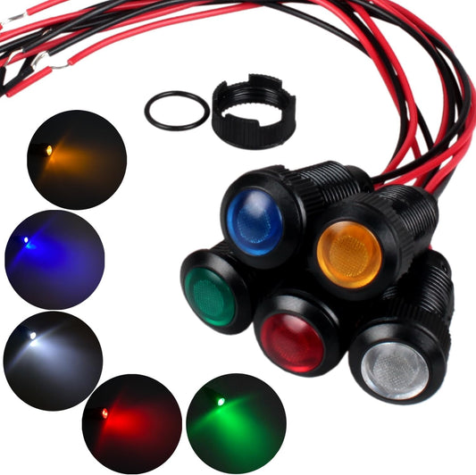 5pcs 12mm LED Indicator Light Plastic Black Signal Dot Lamp 110-220VAC 1/2 inches Mounting Hole Size with 15cm/5.9in. Wire (Mix:Red White Yellow Blue Green)