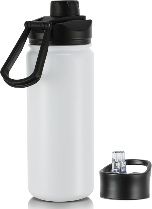16 oz Insulated Water Bottle with Straw Lids, Stainless Steel Kids Water Bottles for School, Double Wall Vacuum Metal Water Bottle with Straw & Wide Mouth Lid, White 1 Pack