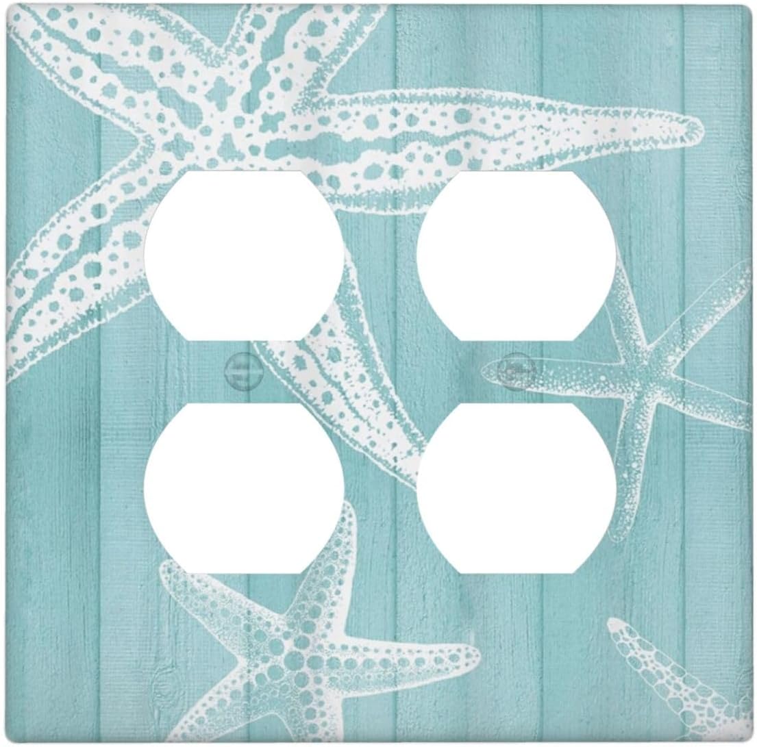 Decorative Outlet Covers Starfish Teal Wood Board Nautical 2 Gang Light Switch Cover Plate Double Duplex Wall Plates for Electrical Outlets Switch Plate Covers for Bedroom Home Decor