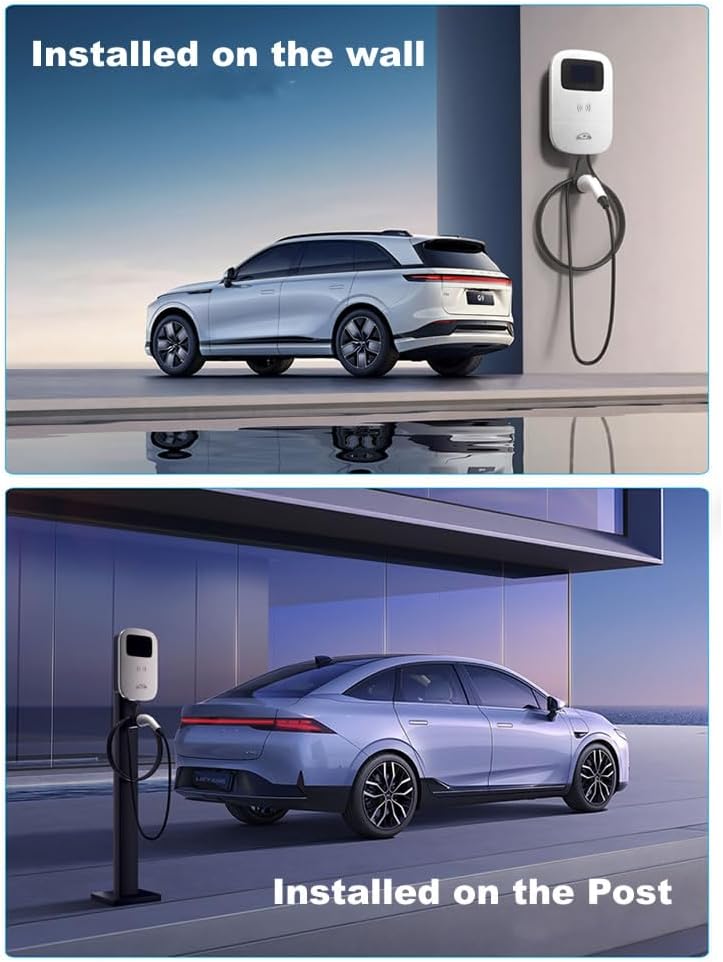 Smart EV Level 2 Charger, Electric Vehicle Charging Station, 110V-240V 32A Home Charger with LCD Display, Type 1 SAE J1772 Wall Connector, Hardwired Charger for Electric Car