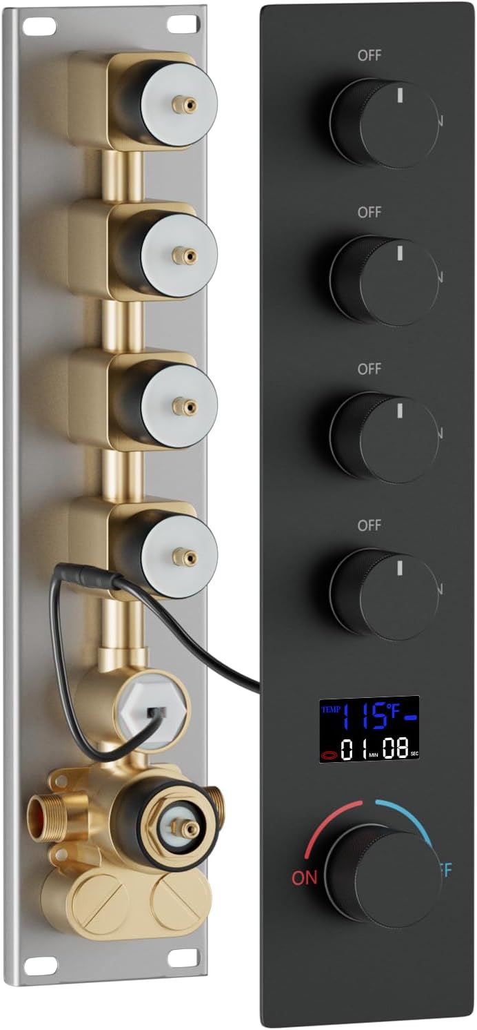 Matte Black Brass 4 Way Shower Diverter Valve Temperature Digital Display 4 in 1 Control Shower Mixing Valve Trim Kit Replacement, Flow Control