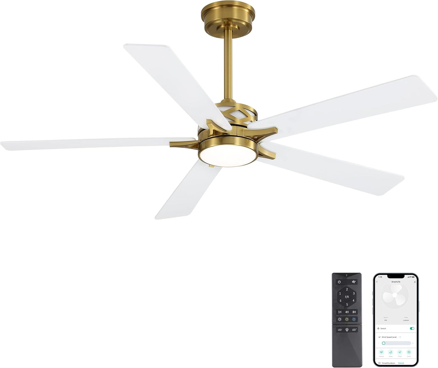 WINGBO 52" Smart Ceiling Fan with Lights, 5 Plywood Blades, 6 Speeds Reversible DC Motor, Works with Alexa and Google Assistant, 3CCT Dimmable LED Ceiling Fan for Bedroom Living Room, Brass and White