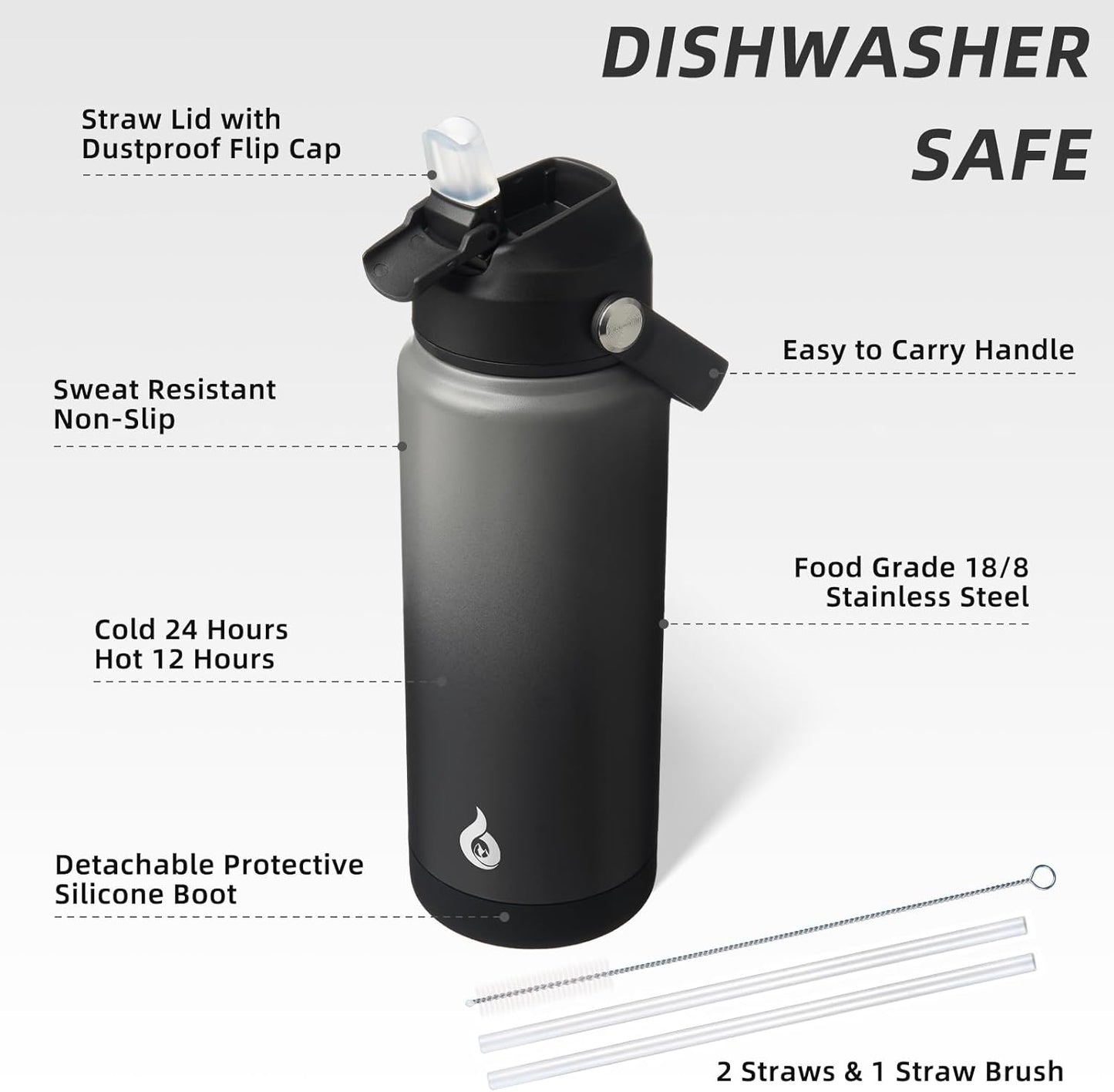 BJPKPK Water Bottle with Straw Lid, 24oz Vacuum Insulated Water Bottles, Metal Stainless Steel Thermo for Sports, Travel, BPA Free Leak Proof Thermo, Cups, Flasks, Tumblers,Black Grey