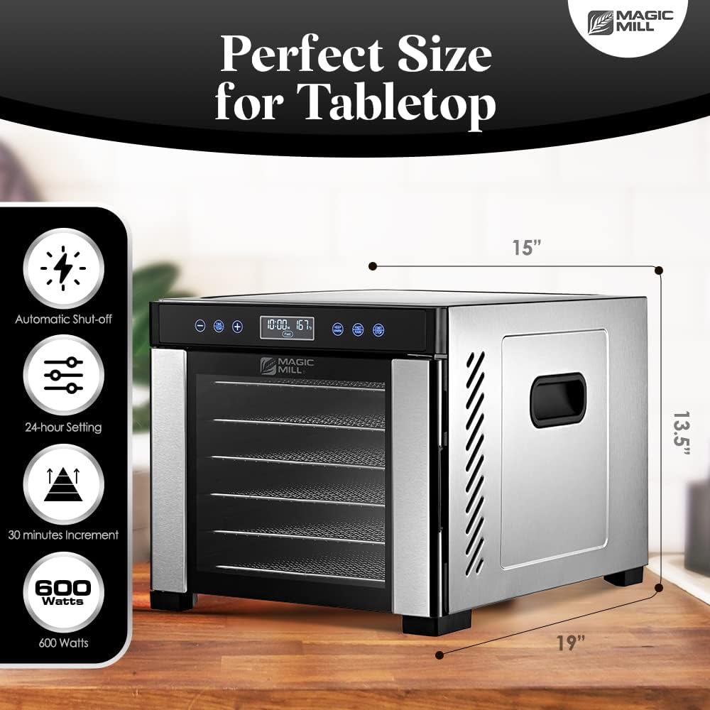 Magic Mill Pro Food Dehydrator Machine | 7 XL Stainless Steel Trays | Dryer for Jerky, Dog Treats, Herb, Meat, Beef, Fruit | Keep Warm Function, Digital Timer and Temperature Control, ETL Approved