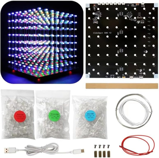 8x8x8 LED Cube Kit DIY Electronic Kit Soldering Project Kit, User Needs to Solder The LED, and The Displayed Content Can Be Modified [3D8C-MULTI]