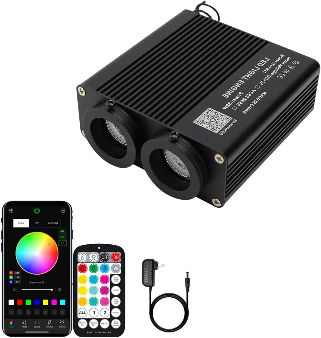 AZIMOM Dual Color 32W Sound Activated Fiber Optic Light Source RGBW Light Box Engine Diver Bluetooth/RF Remote Control Music Sensor Mode for Car Home Star Ceiling Decoration