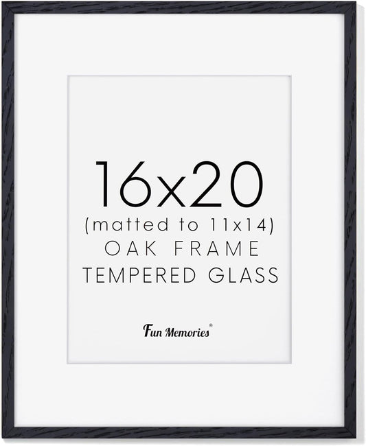 Fun Memories 16x20 Picture Frame - Black Oak Wood Poster Frame with Mat for 11x14, Tempered Glass, Easy to Hang