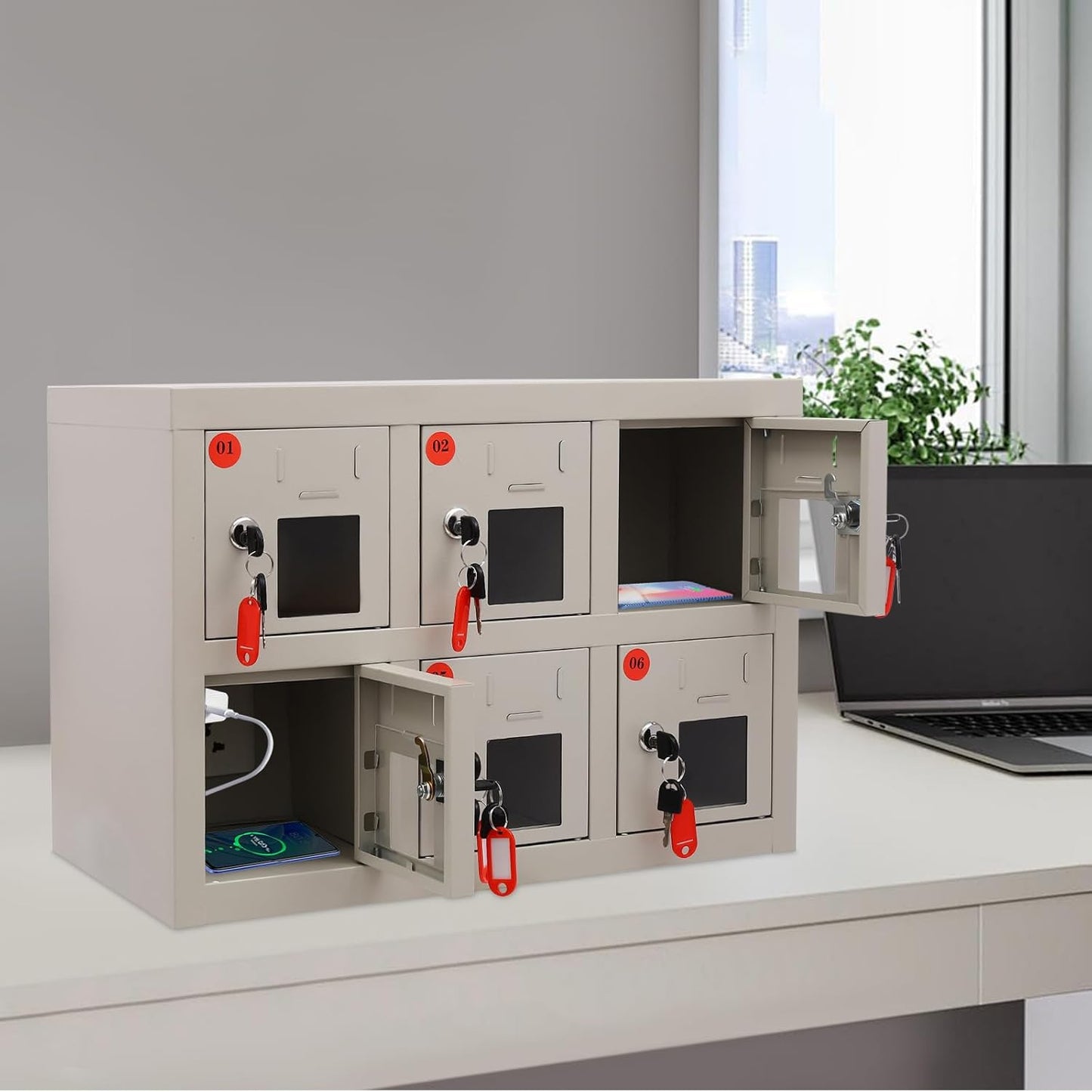 6 Slots Cell Mobile Phone Steel Locker with Lock, Cell Phone Locker with Charging Station, Cellphone Locker for Schools, Conference Rooms, and Offices