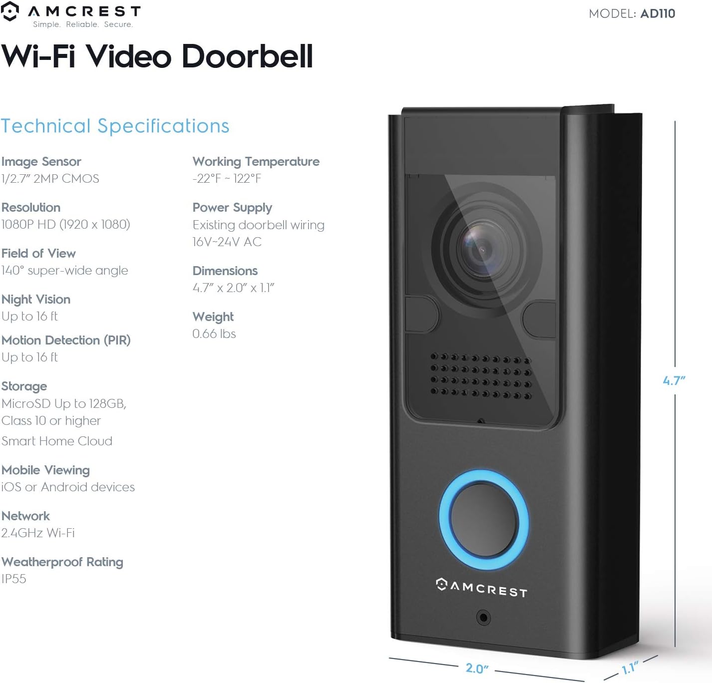 Amcrest 1080P Video Doorbell Camera Pro, Outdoor Smart Home 2.4GHz WiFi Doorbell Camera (Wired Power), MicroSD Card, PIR Motion Detect, RTSP, IP55 Weatherproof, 2-Way Audio, 140º Wide-Angle AD110-SH