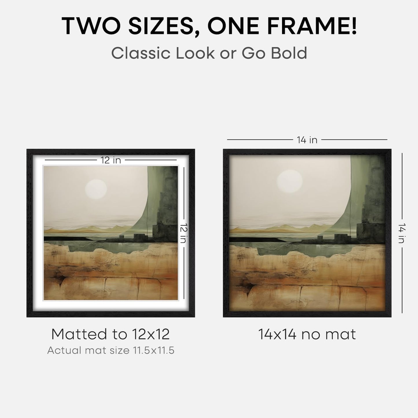 Homeforia 14x14 Black Wood Frame, High End Oak 14 x 14 Square Picture Frames with Mat 12 by 12 inches Photo, 14by14 Black Wooden Poster Frames Matted to 12x12 Print, Tempered Glass, Wall Kit, Set of 2