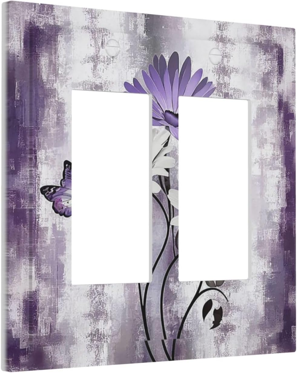 Purple Daisy White Floral Butterfly Flowers Outlet Covers Light Switch Cover Plate 2 Gang Double Rocker Wall Plates Decorative Switch Plates Plug Cover Electrical GFCI Receptacle for Home 4.9 X 5 IN