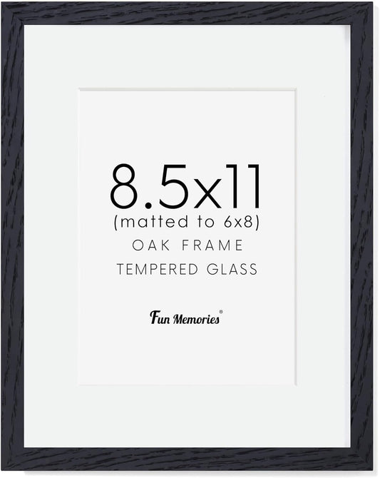 Black Picture Frame 8.5x11, Natural Oak Wood 8.5 x 11 Photo Frame, 8.5 by 11 Frame for Wall, 8.5x11 Picture Frame with Mat for 6x8, Tempered Real Glass, Black Color, Set of 1