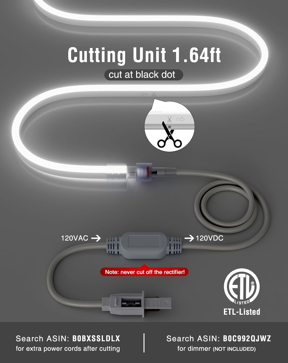 Shine Decor LED Neon Rope Lights AC 120V, Expandable & Cuttable 120LEDs/M Bright Strip Lighting, ETL Cold-Resistant & IP65 Waterproof for Indoor Outdoor, 8x16mm, 6300K Cool White, 98.4ft