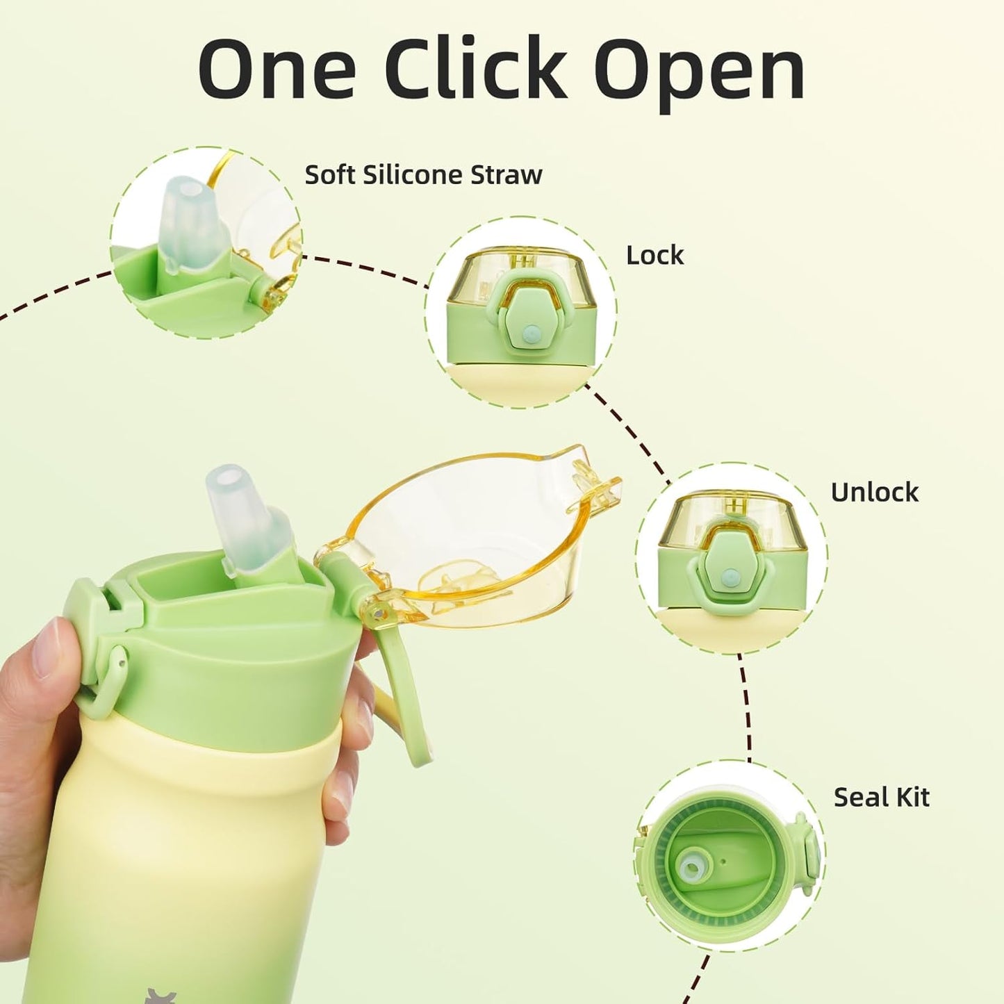 BJPKPK Water Bottle with Straw 14oz Insulated Water Bottles Reusable Stainless Steel Metal Thermal Flask with Leak Proof Lockable Lid and Carry Handle,Lime
