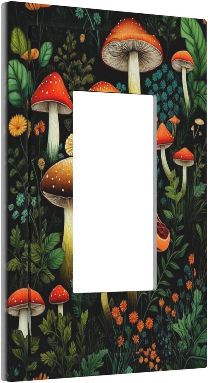 Decorative Outlet Covers Boho Red Mushroom Green Leaf Plants Floral 1 Gang Single Decora GFCI Device Light Switch Covers Plate 1 Rocker Wall Plate Jumbo Switch Cover Plate
