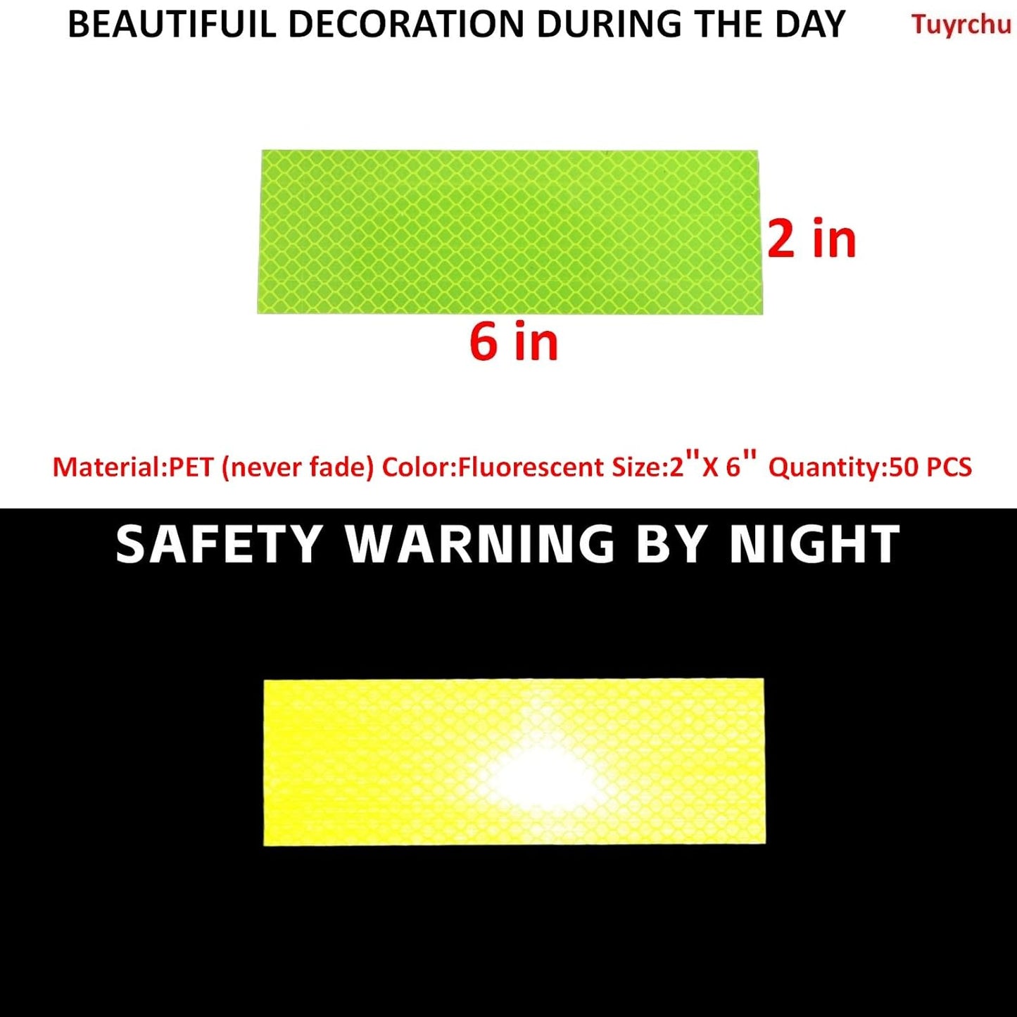 Non Fading Fluorescent Yellow Reflective Stickers 2 inch X 6 inch, Outdoor Waterproof High Visibility Safety Adhesive Reflector (50 Pcs)
