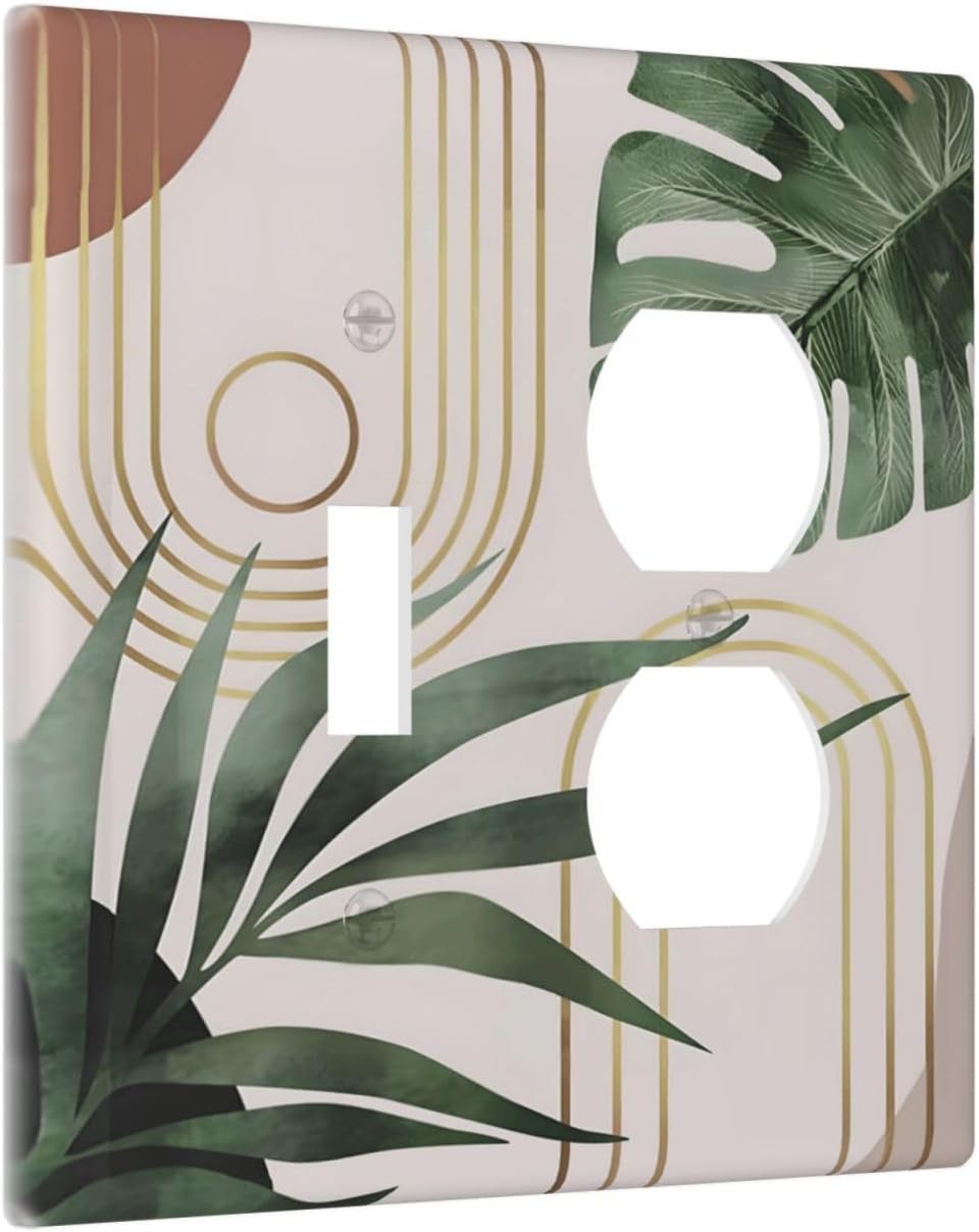 Decorative Outlet Covers Boho Mid Century Abstract Arch Green Leaves 2 Gang Wall Plate Single Toggle Duplex Light Switch Cover Switch Plate Covers for Bedroom Home Decor