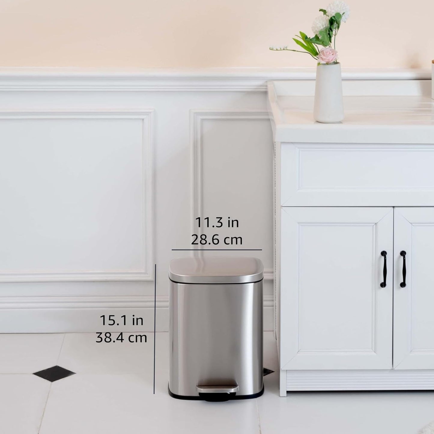 Amazon Basics Smudge Resistant Small Rectangular Trash Can With Soft-Close Foot Pedal, Brushed Stainless Steel, 12L/3.2 Gal, 11.3x9.9x15.1 in, Satin Nickel Finish