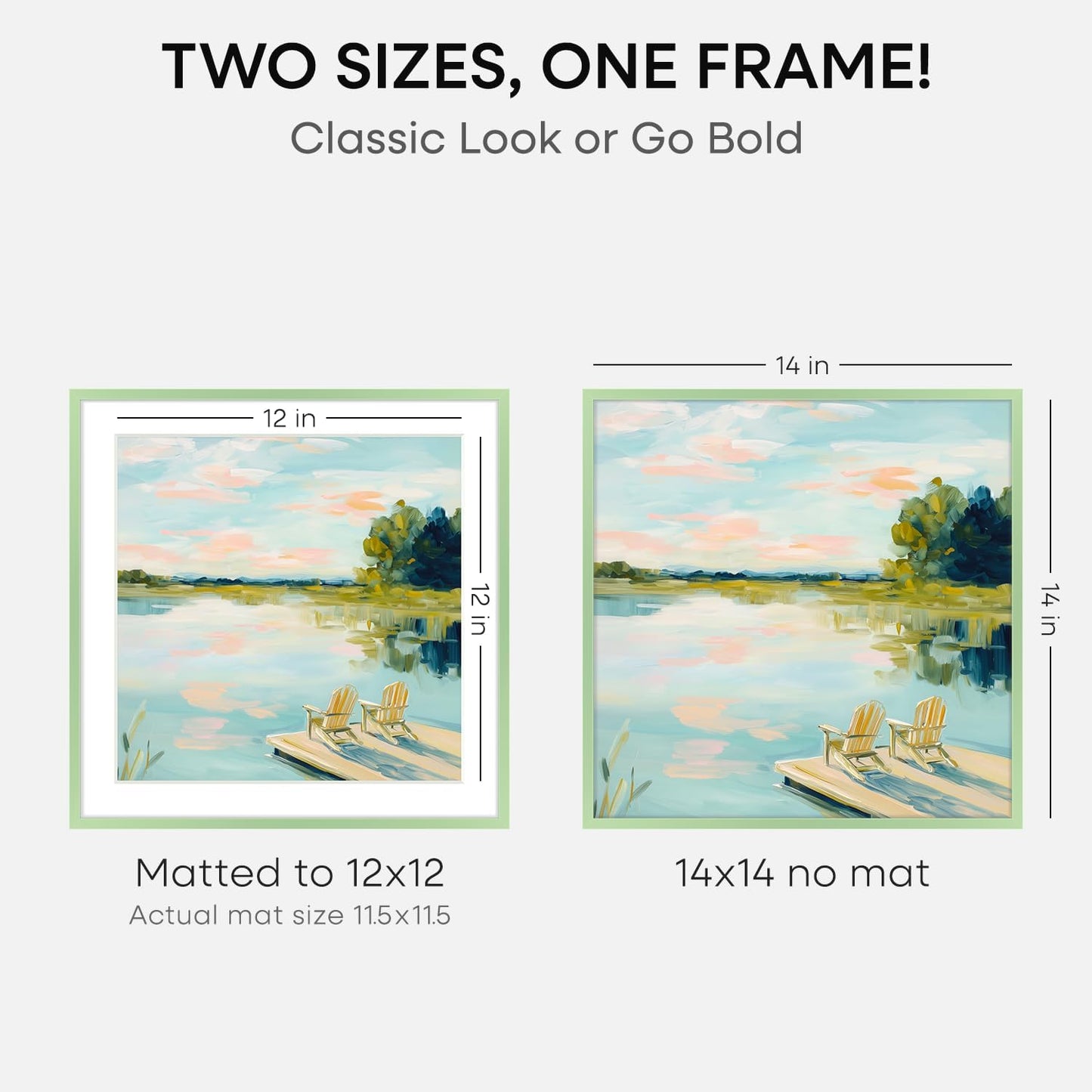 Homeforia 14x14 Picture Frame Sage Green, High End Metal 14 x 14 Square Poster Frames with Mat 12 x 12 Photo, 14x14 Frame Matted to 12x12 Art, 14by14 Hanging Frames, Tempered Glass, Wall Kit, Set of 2