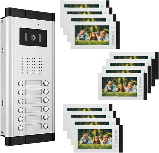 Wired Video Intercom System,7 Inch Ring Video Doorbell with IR Night Vision,HD Camera Kits,IR Outdoor Camera,Dual-Way Intercom for Villa Home Office Apartment (1 Bell +12 Monitor)