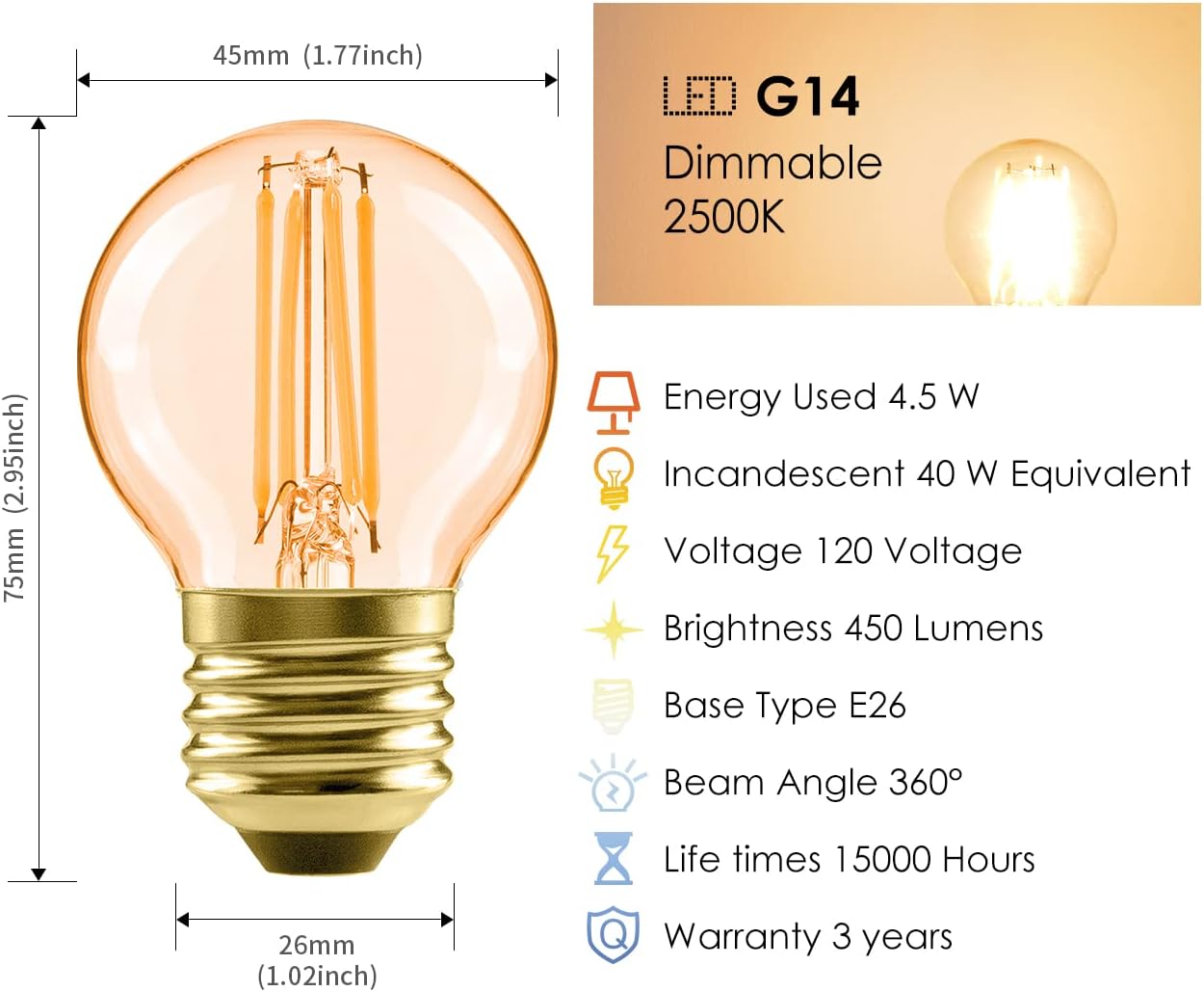 LVWIT G14 LED Filament Globe Bulb 5.5W(40W Equivalent), Dimmable 2500K Warm White E26 Screw Base, Decorative Edison Light Bulb, UL-Listed(6-Pack),Amber Yellowish