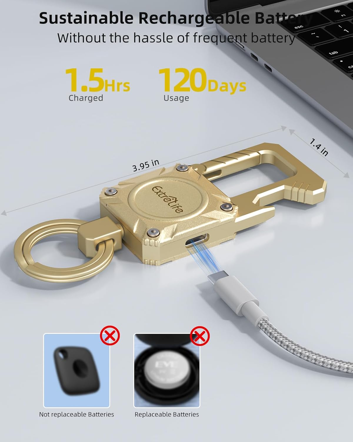 Keychain, Works with Apple Find My, Heavy Duty Keychain Bottle Opener, Carabiner Car Key Chains with GPS Tracker, Key Finder, Bluetooth Tracker for Luggage, Kids, Bags and More, Rechargeable, Gold