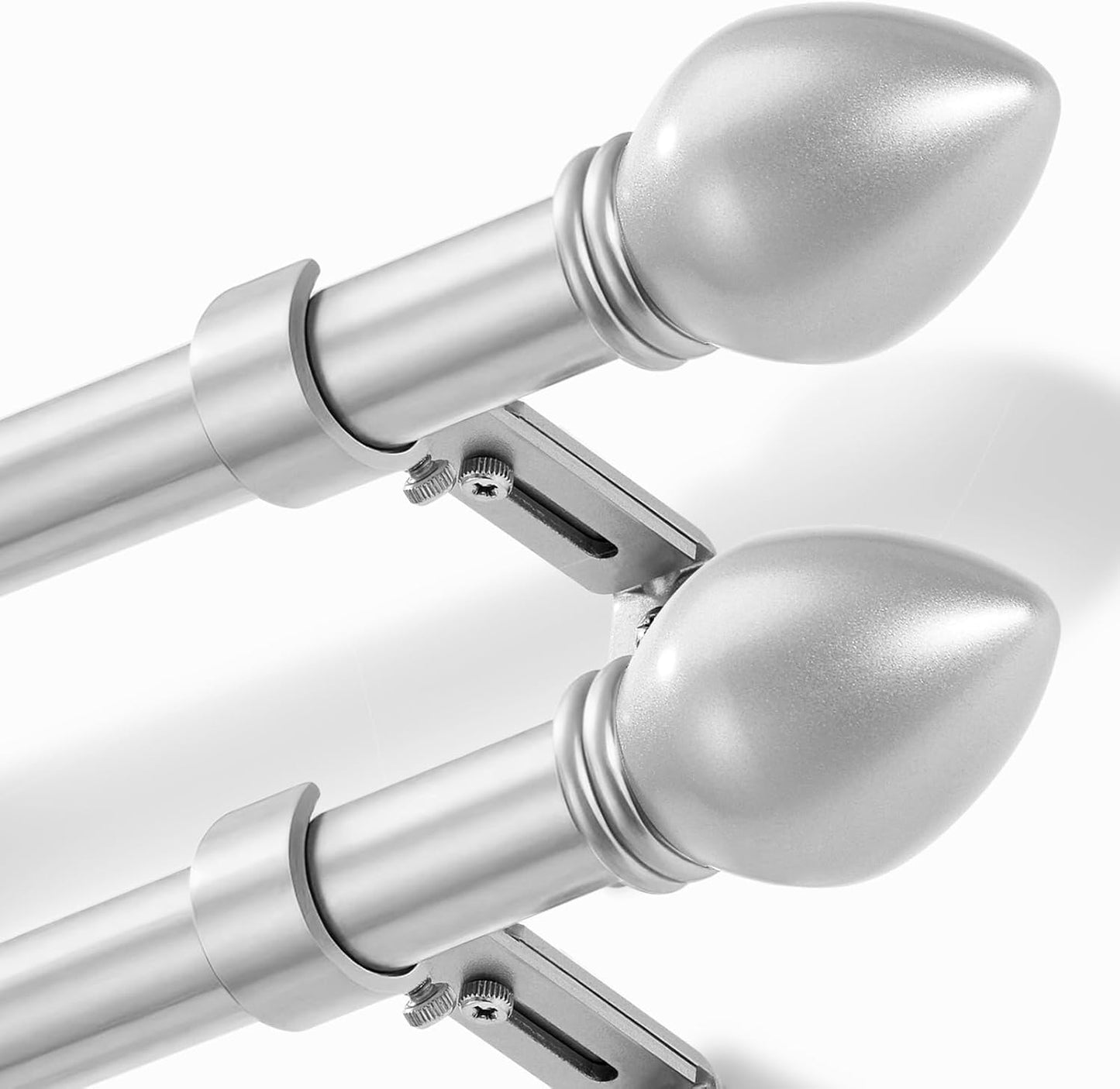 Curtain Rods for Windows 16 to 92 inches, Curtain Rod Max Adjustable Length to 104 in, Drapery Rod 1 inch Diameter with Modern Knobs Finials (Satin Silver, 16" to 92" - Set of 2)