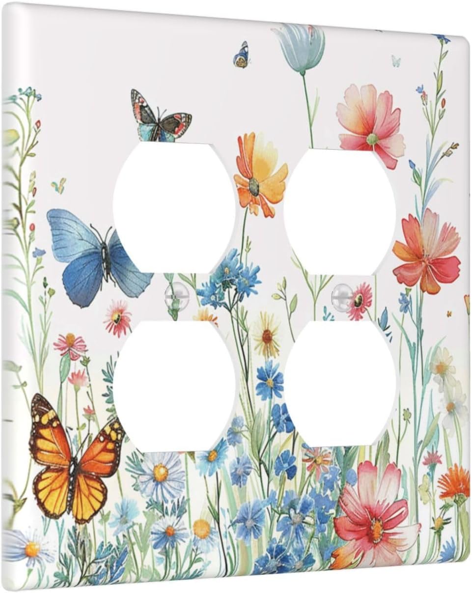 Decorative Outlet Covers Rustic Wildflower Blue Pink Floral Butterfly 2 Gang Light Switch Cover Plate Double Duplex Wall Plates for Electrical Outlets Switch Plate Covers for Home Decor