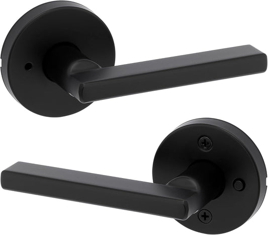 Kwikset Halifax Interior Privacy Door Handle with Lock, Round Lever for Bathroom and Bedroom, Matte Black Reversible Keyless Push Button Lock Door Lever, with Microban Protection