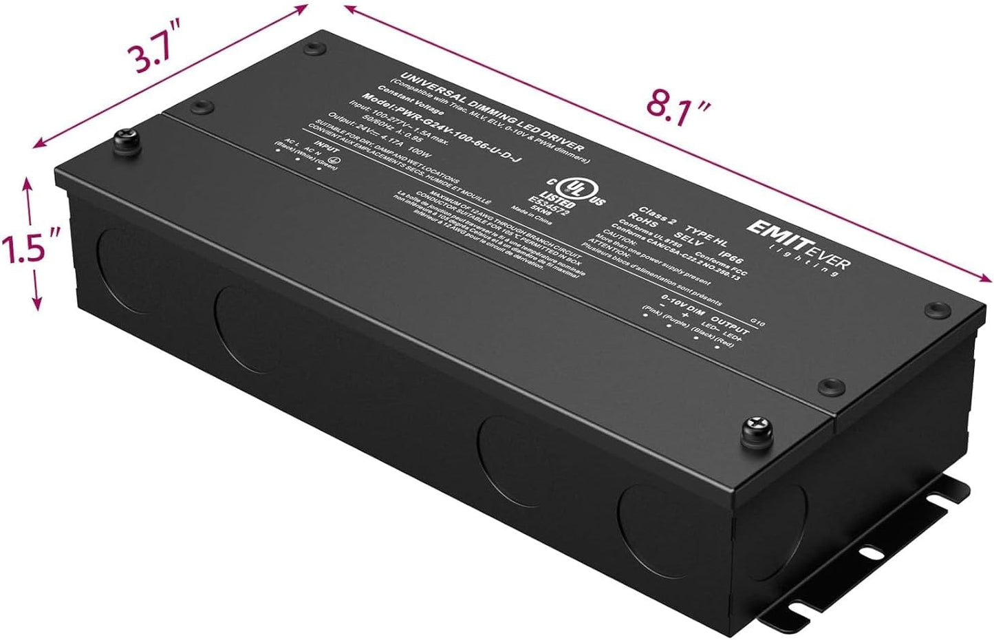EMITEVER Dimmable Led Driver, 2 Packs 100W AC 110V-277V to DC 24V Transformer, 5-in-1 Dimming: ELV/MLV/TRIAC / 0-10V / 1-10V / 10V PWM/Potentiometer, Waterproof IP67 and UL Listed