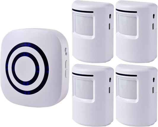 Seanme Motion Sensor Alarm, Wireless Driveway Alarm, Home Security Business Detect Alert with 4 Sensor and 1 Receiver,38 Chime Tunes - LED Indicators for Indoor Use