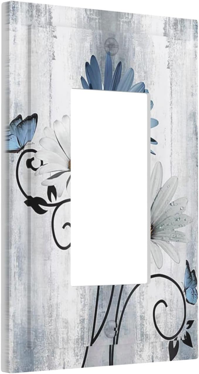 Decorative Outlet Covers Rustic Blue White Daisy Ink Flower 1 Gang Rocker Light Switch Cover Plate Single Wall Plates for Electrical Outlets Switch Plate Covers for Bedroom Home Decor