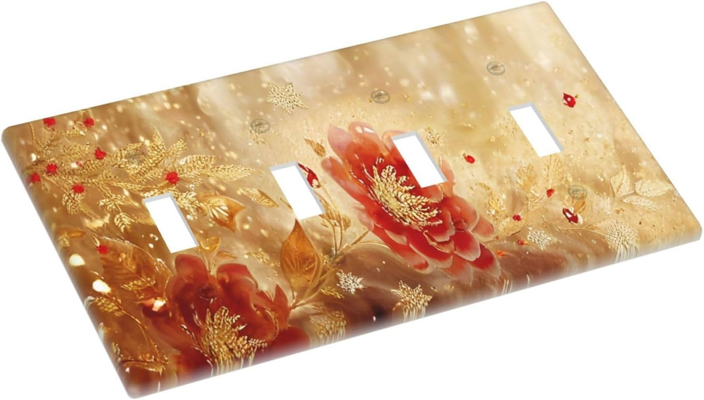 Decorative Light Switch Cover Plate Golden Leaf Red Peony Flowers Floral 4 Gang Wall Plate Oversized Quad Toggle Switch Cover Plate Jumbo Faceplate for Bedroom Decor