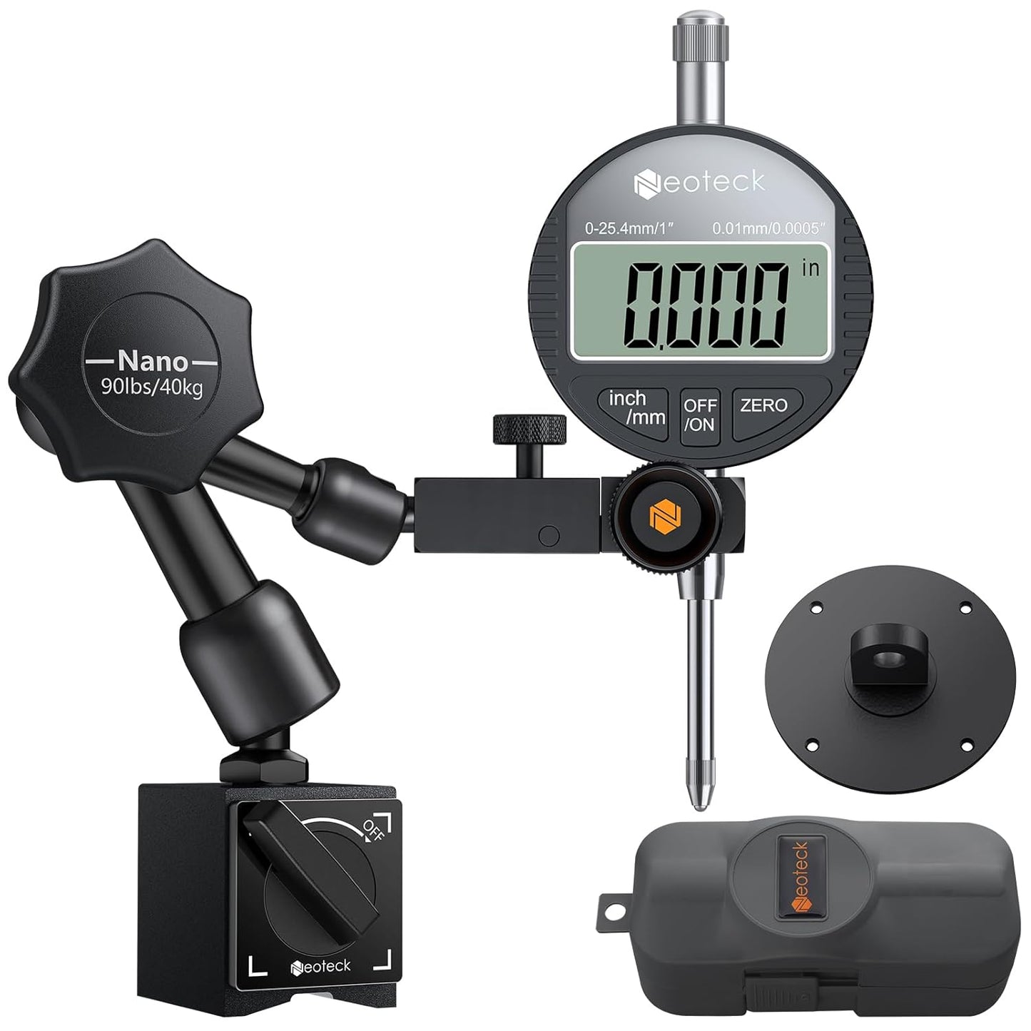 Neoteck 1"/25.4mm (0.0005"/0.01mm) Digital Indicator Set Dial Indicator and Magnetic Base Set with Storage Case, Ideal for 3D Printer Lathe Workshop CNC Machine Table Saw-90lbs(40kg) Max Pull-Black
