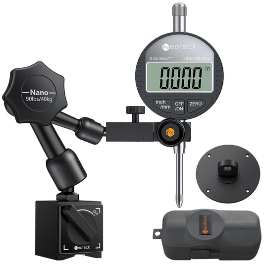 Neoteck 1"/25.4mm (0.0005"/0.01mm) Digital Indicator Set Dial Indicator and Magnetic Base Set with Storage Case, Ideal for 3D Printer Lathe Workshop CNC Machine Table Saw-90lbs(40kg) Max Pull-Black