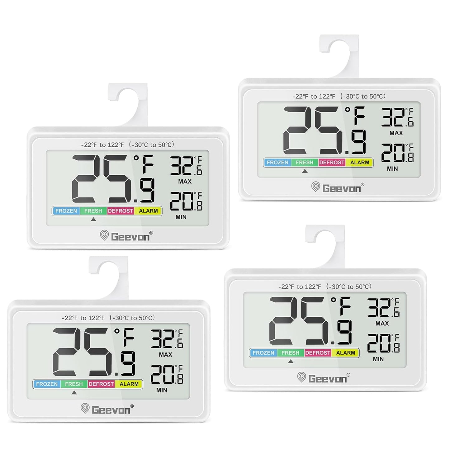 Geevon Digital Refrigerator Thermometer 4 Pack, IP65 Waterproof Fridge and Freeze Thermometer with Magnetic Back Large LCD，Max/Min Record Function for Home,Commercial