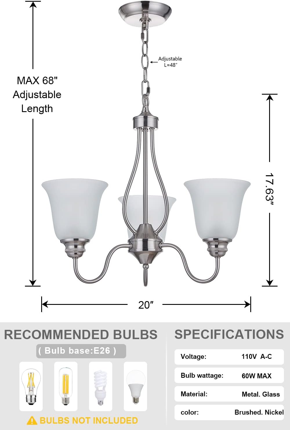 3 Light Chandelier with Brushed Nickel Finish, Classic Style Ceiling Light Fixture with Frosted Glass Shade for Meeting Room Dining Room Living Room Corridor, LED Bulb(not Include)