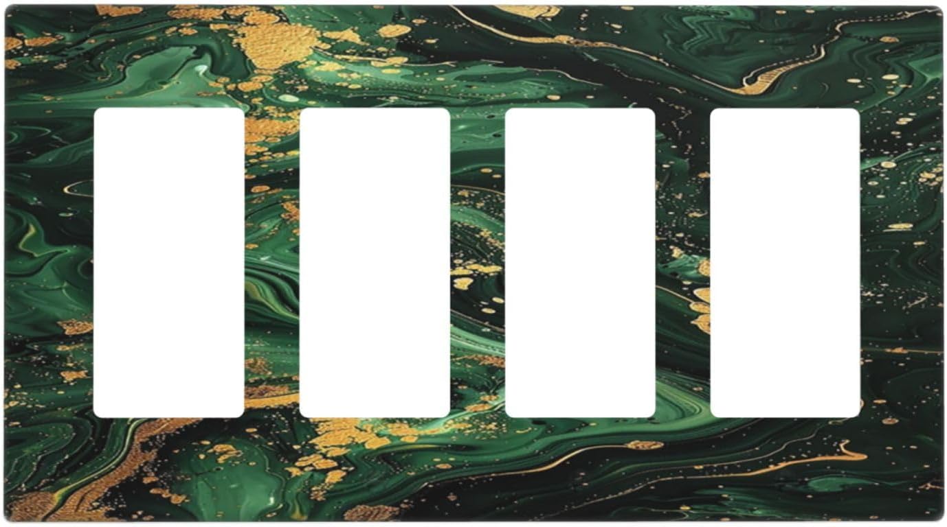 Green/Gold Modern Abstract Luxury Marble 4 Gang Wall Plates Outlet Covers Quad Rocker Light Switch Cover Plate Decorative Switch Plates GFCI Electrical Faceplate for Bathroom Bedroom 4.5 X 8 IN