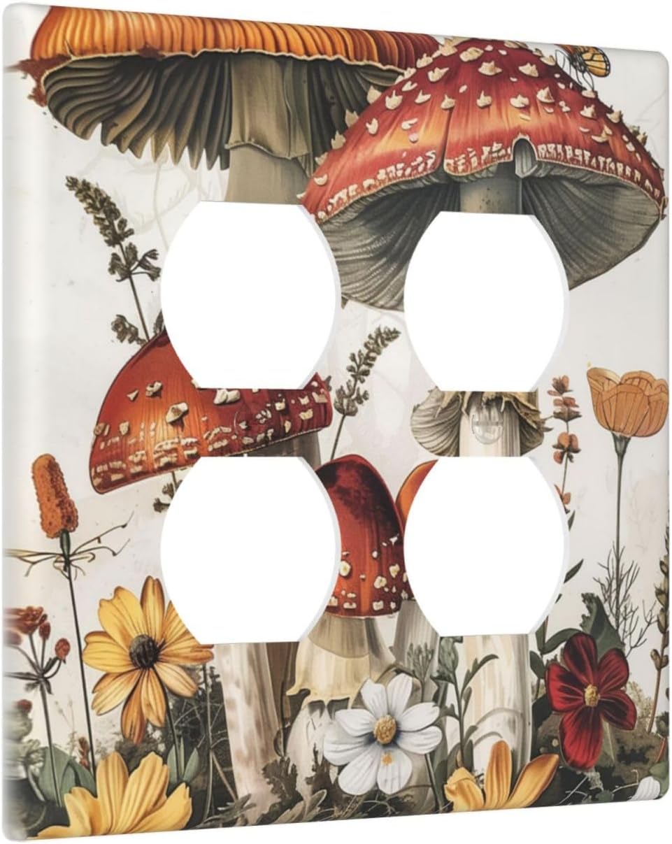 Outlet Covers Mushroom Forest Butterfly Wild Flower 2 Gang Double Duplex Decorative Light Switch Covers Electrical Wallplates Socket Faceplate For Bed Room Living Room Decor